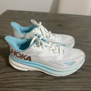 Hoka White and Light Blue Athletic Shoes